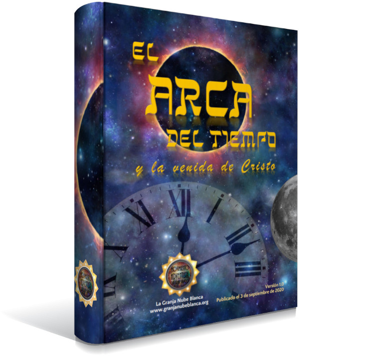 Portada de un libro titulado "El Arca del Tiempo y la venida de Cristo" que presenta elementos cósmicos y astronómicos como estrellas, una luna detallada y relojes antiguos, indicando la percepción del tiempo y eventos celestes. Externer Link zu einer anderen Website der High Sabbath Adventist Society.