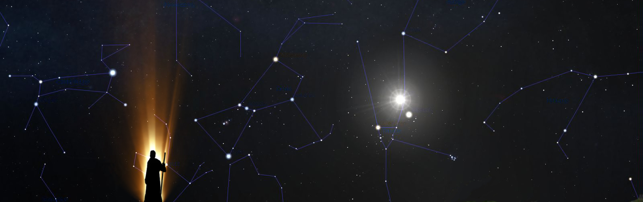 Una panorámica nocturna del cielo estrellado con diversas constelaciones conectadas por líneas azules, destacándose una columna de luz brillante. Una silueta humana mira hacia el cielo, sugiriendo admiración por las maravillas del universo. Externer Link zu einer anderen Website der High Sabbath Adventist Society.