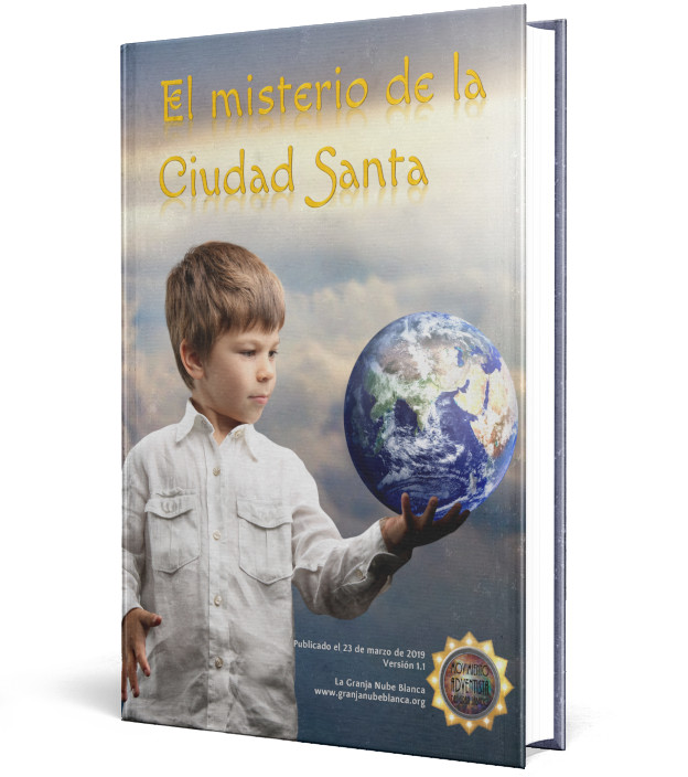 Portada de un libro titulada "El misterio de la Ciudad Santa", con la imagen de un niño con camisa de botones sosteniendo un globo terráqueo luminoso. La portada muestra una fecha de publicación del 23 de marzo de 2019 y el logotipo de la Granja Nube Blanca. Externer Link zu einem Buch im Amazon-Shop.