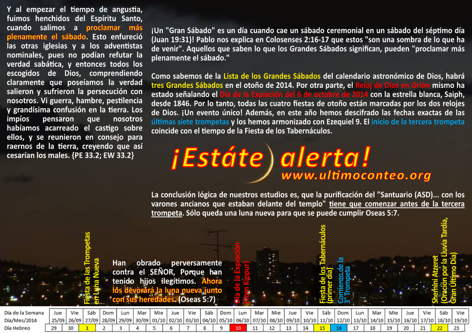 Imagen con texto en espa&ntilde;ol sobre temas astron&oacute;micos y espirituales, incluyendo referencias a eventos celestiales y citas b&iacute;blicas. Destaca un fondo rojo con elementos visuales que incluyen calendarios y un llamado a estar alerta, promoviendo el sitio web "ultimocoteo.org".
