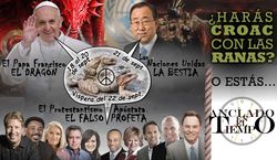 Imagen compuesta con varias figuras públicas y textos sugiriendo diferentes figuras y temas bíblicos y astronómicos. Incluye imágenes del liderazgo mundial y gráficos con escritura que describe conceptos como "El Dragón" y "La Bestia" utilizando simbología compleja y referencias a tiempos y acontecimientos celestiales. Interner Link zu einem Artikel auf dieser Website.