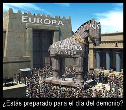 Una representación gráfica digital mostrando un gran caballo de madera frente a un edificio rotulado "Europa". Multitudes de personas están congregadas alrededor del caballo, con un cartel que dice "Refugiados de Siria". En la parte inferior, hay un texto preguntando "¿Estás preparado para el día del demonio?". Interner Link zu einem Artikel auf dieser Website.