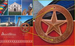 Collage de imágenes que incluyen elementos arquitectónicos y culturales variados, como un edificio de estilo colonial, una escultura moderna y banderas coloridas. En primer plano, un disco con una estrella de cinco puntas dentro de un círculo, todo en tonos de cobre y rojo. Interner Link zu einem Artikel auf dieser Website.