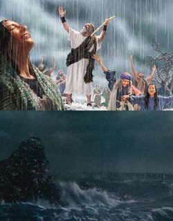 Una imagen dividida en dos escenas. La parte superior muestra a un grupo de personas de diferentes edades y géneros bajo la lluvia, algunas están levantando sus manos al cielo en un gesto de celebración o plegaria. La parte inferior muestra un mar tempestuoso con olas altas en una noche oscura y tormentosa. Interner Link zu einem Artikel auf dieser Website.