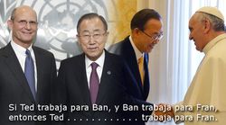Tres hombres de traje, uno calvo, otro de cabello gris, y el último con sotana blanca, están reunidos. Un texto sobre una analogía lógica acompaña la imagen, juega con los nombres asociados a los retratados, sin hacer referencias a constelaciones o términos prohibidos, sugiriendo pistas sobre las identidades mediante un juego de palabras. Interner Link zu einem Artikel auf dieser Website.