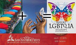 Imagen que muestra tres segmentos distintos. A la izquierda, una vista aérea de sombrillas coloridas alineadas junto al agua, representando un evento del 2015 en San Antonio de la Iglesia Adventista del Séptimo Día. En el centro, unas manos negras se extienden hacia el cielo. A la derecha, una mariposa estilizada con los colores del arco iris y texto sobre igualdad LGBTQIA en Newport, julio 2015. Interner Link zu einem Artikel auf dieser Website.