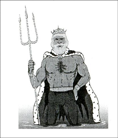Ilustraci&oacute;n en blanco y negro de un hombre corpulento con corona y capa, sosteniendo un tridente, representando una figura poderosa y m&iacute;tica, potencialmente conectada con las constelaciones celestes.
