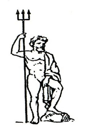 Ilustraci&oacute;n en blanco y negro de un hombre con f&iacute;sico atl&eacute;tico, de pie y sosteniendo un tridente. Posee un manto alrededor de la cintura y una rodilla est&aacute; levemente elevada sobre un objeto en el suelo.