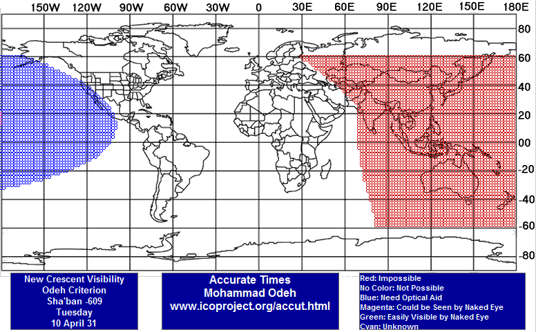 Mapa mundial que muestra zonas de visibilidad de la luna nueva, marcadas en colores con diferentes niveles de observaci&oacute;n. &Aacute;reas en azul representan visibilidad con ayuda &oacute;ptica, las en magenta son posiblemente visibles a simple vista, las en rojo representan donde la visibilidad es imposible y las en verde indican donde es f&aacute;cilmente visible a simple vista. Informaci&oacute;n proporcionada para el 10 de abril del a&ntilde;o 31.