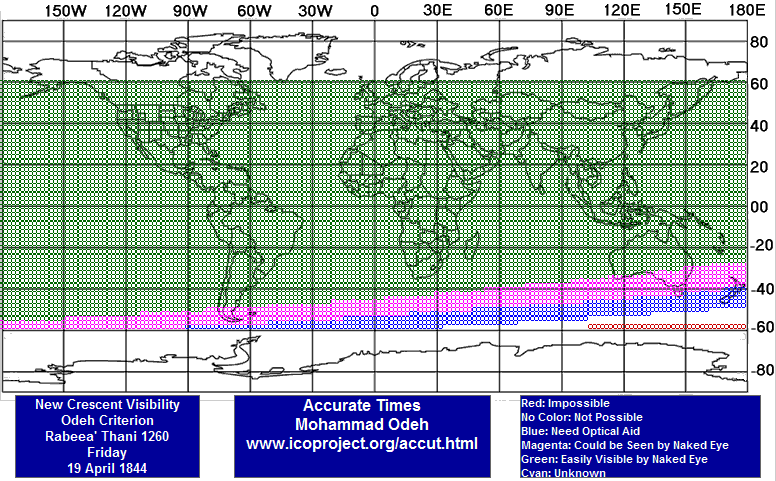 Mapa global marcado con una cuadr&iacute;cula, destacando la visibilidad de la luna nueva el 19 de abril de 1844 seg&uacute;n varios criterios. Las &aacute;reas coloreadas indican la visibilidad: rojo significa imposible, azul necesita ayuda &oacute;ptica, magenta es visible a simple vista y verde es f&aacute;cilmente visible a simple vista. La parte inferior incluye una leyenda y una referencia a la web para tiempos precisos de visibilidad lunares seg&uacute;n Mohammad Odeh.