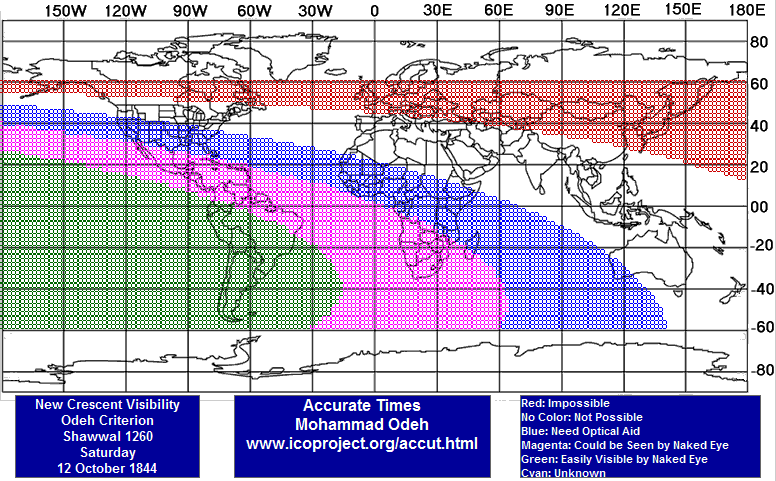 Mapa de visibilidad de la luna nueva sobre un fondo de cuadr&iacute;cula de coordenadas geogr&aacute;ficas. Las regiones est&aacute;n codificadas por colores para indicar la visibilidad; rojo significa imposible, azul necesidad de ayuda &oacute;ptica, magenta visible a simple vista, y verde f&aacute;cilmente visible sin ayuda. Texto adicional incluye criterios de visibilidad y enlaces a recursos astron&oacute;micos.