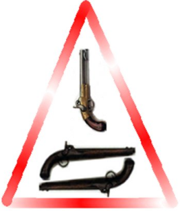 Imagen de tres pistolas antiguas dispuestas en forma de tri&aacute;ngulo, con un borde rojo que resalta su forma.