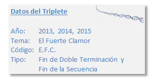 Cuadro informativo con detalles sobre un triplete, incluyendo los a&ntilde;os 2013, 2014, 2015, con el tema "El Fuerte Clamor", c&oacute;digo "E.F.C.", y describiendo el tipo como "Fin de Doble Terminaci&oacute;n y Fin de la Secuencia". La esquina superior derecha muestra una representaci&oacute;n gr&aacute;fica de una estructura en espiral similar a una mol&eacute;cula de ADN.