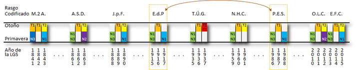 Gr&aacute;fico de una tabla representativa sobre posibles alineaciones celestes ordenadas por diferentes periodos que incluyen oto&ntilde;o y primavera. La imagen contiene bloques de colores separados por columnas bajo abreviaturas que posiblemente denotan observaciones astron&oacute;micas espec&iacute;ficas, con n&uacute;meros y letras que podr&iacute;an estar vinculados a mediciones o secuencias.