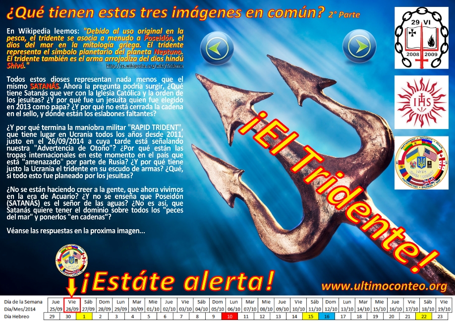 Collage con elementos variados incluyendo un gran tridente sobre fondo de cielo azul, s&iacute;mbolos relacionados con la constelaci&oacute;n Aries, s&iacute;mbolo religioso con las letras IHS sobre un sol, y escudos con fechas y s&iacute;mbolos astrol&oacute;gicos. El texto en espa&ntilde;ol plantea preguntas sobre qu&eacute; tienen en com&uacute;n las im&aacute;genes mostradas, con referencias a figuras hist&oacute;ricas y eventos de calendario.