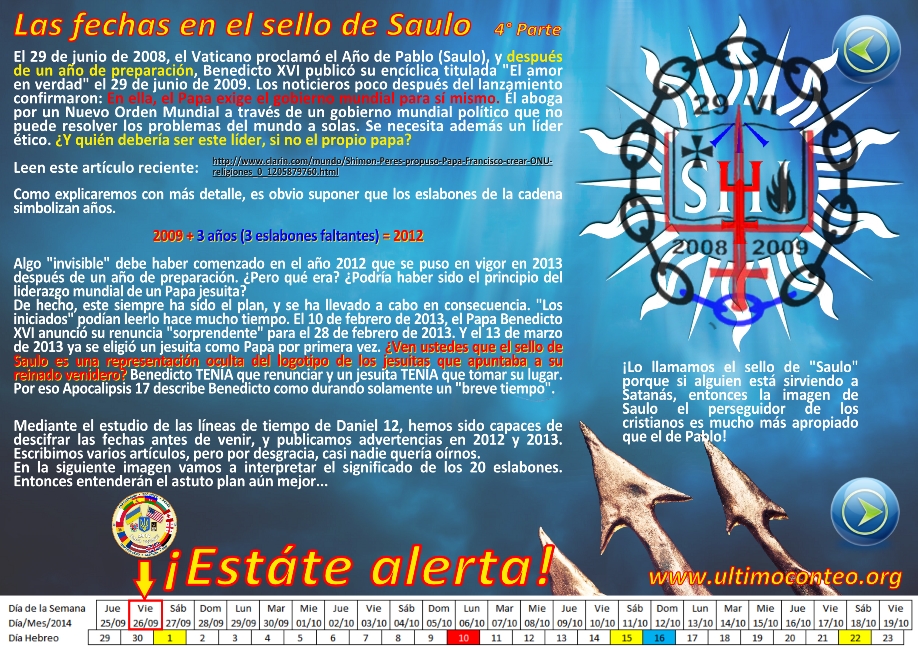 Informaci&oacute;n visual detallada que combina texto en espa&ntilde;ol, gr&aacute;ficos coloridos y elementos de dise&ntilde;o, incluida una tabla cronol&oacute;gica y s&iacute;mbolos circulares situados sobre un fondo en tonos azul y rojo. La imagen discute eventos y fechas significativas sin referir a contextos astrol&oacute;gicos, usando en su lugar t&eacute;rminos de an&aacute;lisis hist&oacute;rico y prof&eacute;tico.