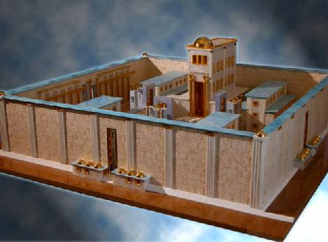 Maqueta de un antiguo templo de piedra rodeado por una gran muralla, flotando sobre un fondo de nubes azules.