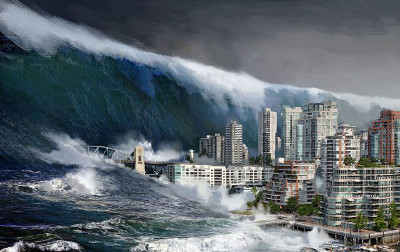 Una gran ola amenaza con engullir una ciudad moderna con edificios altos y un puente, encarnando la implacable fuerza de la naturaleza.