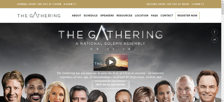 Website banner for The Gathering event featuring a montage of diverse speakers smiling against a celestial background suggestive of unity under the vast heavens. The event date "09-21-16" and subtext about unity and prayer are visible.