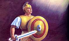 Ilustraci&oacute;n de un guerrero con armadura antigua, sosteniendo una espada y un escudo redondo con s&iacute;mbolos que evocan las constelaciones del Mazzaroth.