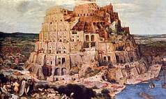 Pintura al &oacute;leo que representa la Torre de Babel, mostrando una estructura monumental en construcci&oacute;n con m&uacute;ltiples niveles y arcos. Hay numerosas personas alrededor del edificio, algunas trabajando en la construcci&oacute;n y otras realizando diversas actividades. El fondo muestra un paisaje fluvial y cielo despejado.