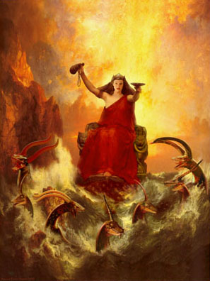 Una mujer con un vestido rojo est&aacute; de pie sobre una roca en medio de un mar agitado, sosteniendo dos tazones dorados que derraman agua. La rodean criaturas marinas con caracter&iacute;sticas de carpa y drag&oacute;n bajo un cielo iluminado por un resplandor anaranjado.