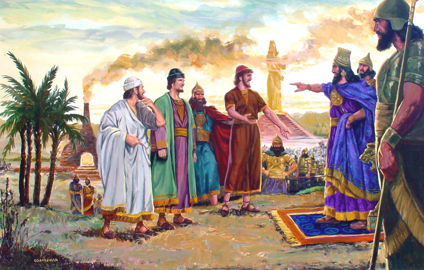 Una escena hist&oacute;rica que muestra a un grupo de hombres antiguos debatiendo cerca de un altar ardiente y una torre bajo un cielo iluminado. Algunos visten togas y t&uacute;nicas de colores brillantes mientras conversan animadamente, rodeados de palmeras y soldados en armadura.