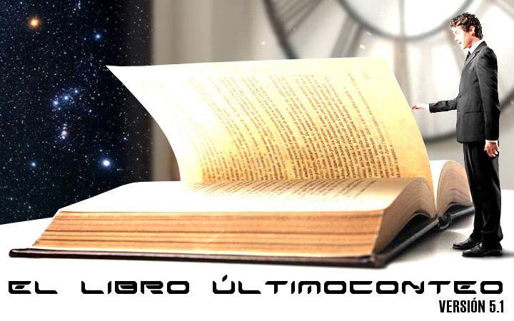 Un hombre de traje está de pie junto a un gran libro abierto sobre un fondo que fusiona una visión interna, arquitectónica y elementos del espacio exterior, incluyendo estrellas y galaxias distantes. El texto "El Libro Últimoconteo Versión 5.1" es visible en la parte inferior. Lädt eine PDF-Datei herunter.