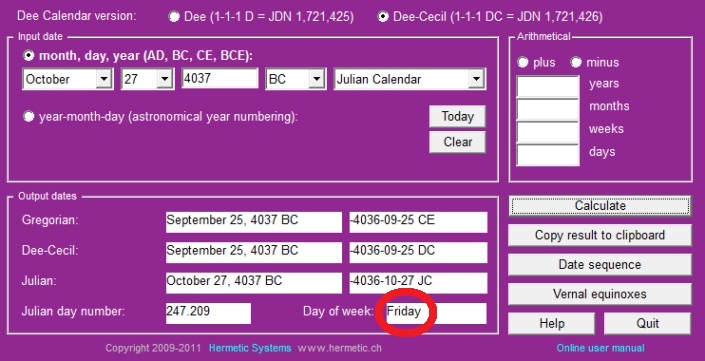 Interfaz de un software de conversi&oacute;n de calendario mostrando opciones para convertir fechas entre diferentes formatos de calendario como gregoriano, Dee-Cecil y juliano. Muestra una fecha de entrada del 27 de octubre, 4037 AC con resultados en varios formatos y un c&iacute;rculo rojo alrededor del d&iacute;a de la semana, viernes, en el calendario juliano.