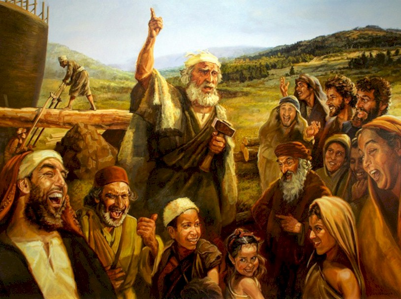 Un grupo de personas de diversas edades, incluyendo un hombre anciano con barba blanca que se&ntilde;ala hacia el cielo, rodeadas de un entorno natural y una estructura de madera grande en construcci&oacute;n en el fondo. Expresiones de entusiasmo y asombro predominan en el grupo.