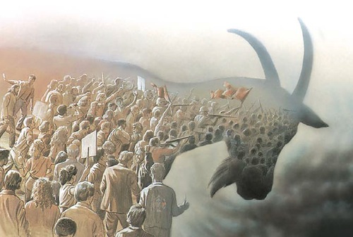 Ilustraci&oacute;n de una multitud de personas mirando hacia un gran cielo donde emerge una enorme figura celestial con cabeza de toro y cuerpo compuesto de estrellas, rodeada de nubes.