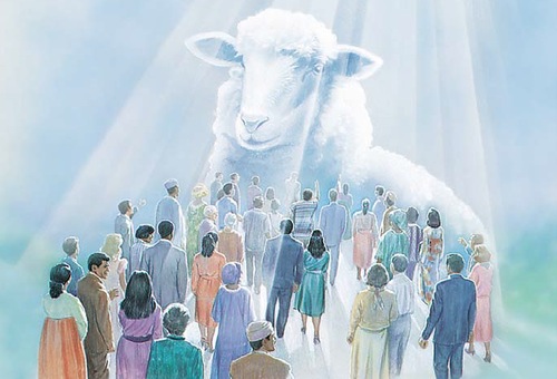 Una ilustraci&oacute;n de un grupo diverso de personas de varias edades y vestimentas mirando hacia una gran oveja radiante bajo rayos de luz celestiales. La escena simboliza temas de paz y unidad.