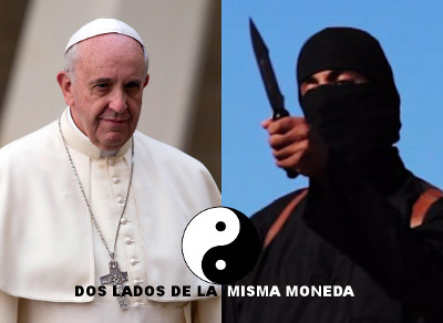 Imagen dividida en dos partes, en la izquierda, el Papa Francisco vestido con su h&aacute;bito papal blanco y con una expresi&oacute;n seria. A la derecha, un hombre vestido con indumentaria negra y cubierto el rostro sosteniendo un cuchillo. Entre ambos, el s&iacute;mbolo del Yin y Yang y el texto "DOS LADOS DE LA MISMA MONEDA".