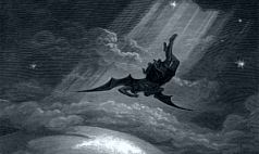 Ilustraci&oacute;n en blanco y negro de un ser mitol&oacute;gico con garras, alas y cuernos, volando entre nubes oscuras cerca de un cuerpo celestial brillante, con estrellas dispersas en el fondo.