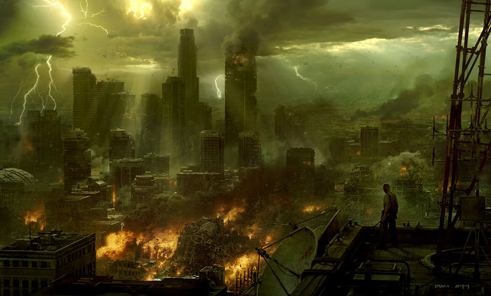 Imagen de una ciudad sumida en el caos tras una cat&aacute;strofe, con numerosos edificios en ruinas y llamas extendi&eacute;ndose por el terreno. Rayos iluminan el cielo mientras una figura humana observa desde una azotea.