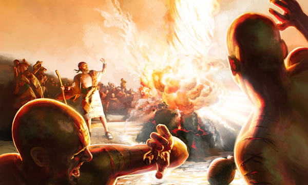 Ilustraci&oacute;n art&iacute;stica de una escena de batalla con varios guerreros en primer plano observando c&oacute;mo una figura central femenina con vestimenta de la antig&uuml;edad, se&ntilde;ala hacia una gran explosi&oacute;n de fuego en el cielo que evoca los elementos del Mazzaroth. Los tonos c&aacute;lidos dominan la paleta con intensos naranjas y rojos, sugiriendo un ambiente tanto ca&oacute;tico como heroico.