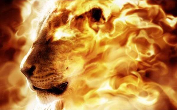 Imagen de un le&oacute;n con su cabeza rodeada y formada por llamas ardientes, evocando un poder y majestuosidad sobrenatural.