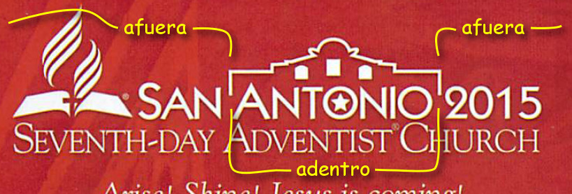 Imagen de un logotipo en rojo con el texto "San Antonio 2015 Seventh-Day Adventist Church" y una gr&aacute;fica de una iglesia estilizada junto a una llama y una estrella. Incluye el mensaje "Arise! Shine! Jesus is coming!" debajo del logotipo.