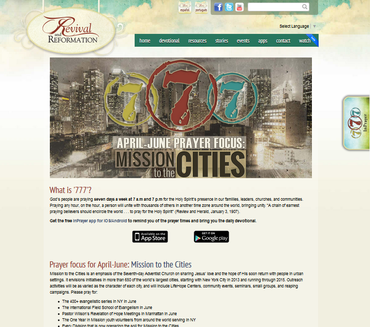 P&aacute;gina web del proyecto "Revival and Reformation" con un enfoque en la oraci&oacute;n misionera en las ciudades. Presenta un banner que destaca "April-June Prayer Focus: Mission to the Cities" sobre im&aacute;genes rusticadas de las figuras Mazzaroth asociadas con tres constelaciones celestes, superpuestas sobre un fondo de rascacielos urbanos. A la derecha, iconos de descarga para aplicaciones en dispositivos iOS y Android.