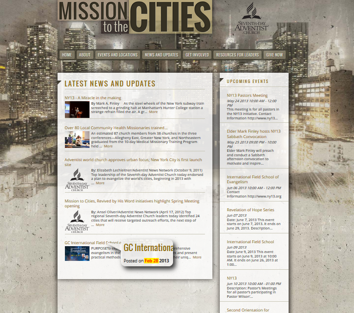 Screenshot of a webpage titled "Mission to the Cities" from the Seventh-day Adventist Church, featuring a blurred cityscape background with various news updates and event schedules related to church activities and missions in urban areas.