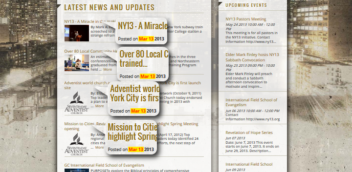 Captura de pantalla de un sitio web de noticias con m&uacute;ltiples art&iacute;culos sobre eventos y actualizaciones de una organizaci&oacute;n religiosa. Los encabezados incluyen temas como un milagro en Nueva York, entrenamiento local, y eventos programados. La interfaz muestra un dise&ntilde;o de dos columnas con texto sobre un fondo que imita papel de peri&oacute;dico.