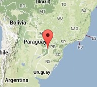 Mapa que muestra la ubicación de Paraguay en América del Sur con un marcador rojo. Interner Link zu einem Artikel auf dieser Website.