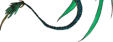 Ilustraci&oacute;n de una serpiente verde con escamas azules y una pluma en una de sus puntas, evocando una de las constelaciones en el Mazzaroth.