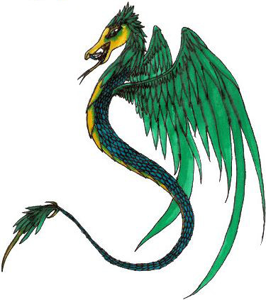 Ilustraci&oacute;n de un drag&oacute;n alado con escamas azules y verdes, y plumaje en las alas, inspirado en criaturas mitol&oacute;gicas descritas en antiguos textos.
