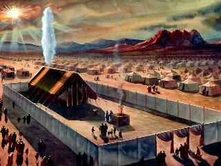 Pintura que representa el Tabern&aacute;culo en el desierto con una gran columna de fuego sobre &eacute;l. En el fondo, monta&ntilde;as y un cielo crepuscular iluminado por la columna. Alrededor del Tabern&aacute;culo, numerosas tiendas dispuestas ordenadamente.