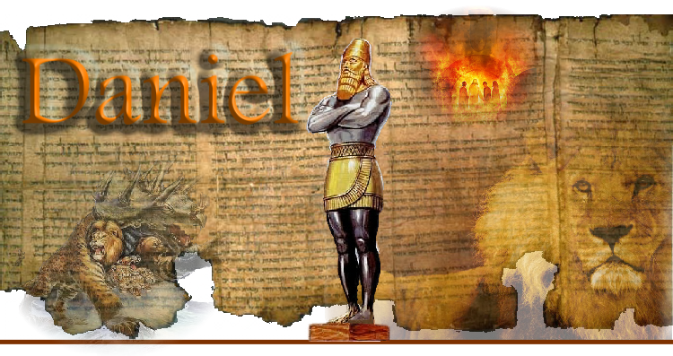 Una composici&oacute;n gr&aacute;fica sobre el libro de Daniel con varios elementos b&iacute;blicos e hist&oacute;ricos. Incluye la imagen de una estatua grande de un hombre segmentada en varias partes met&aacute;licas y cer&aacute;micas, una imagen de un le&oacute;n majestuoso, y cuatro criaturas bestiales representando las visiones prof&eacute;ticas. El fondo muestra un manuscrito antiguo con el nombre "Daniel" resaltado en grande.