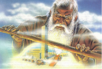 Ilustraci&oacute;n de un hombre mayor con barba blanca y vestimenta antigua, sosteniendo un bast&oacute;n largo mientras observa una representaci&oacute;n miniatura de una ciudad y estructuras circulares bajo un cielo iluminado.