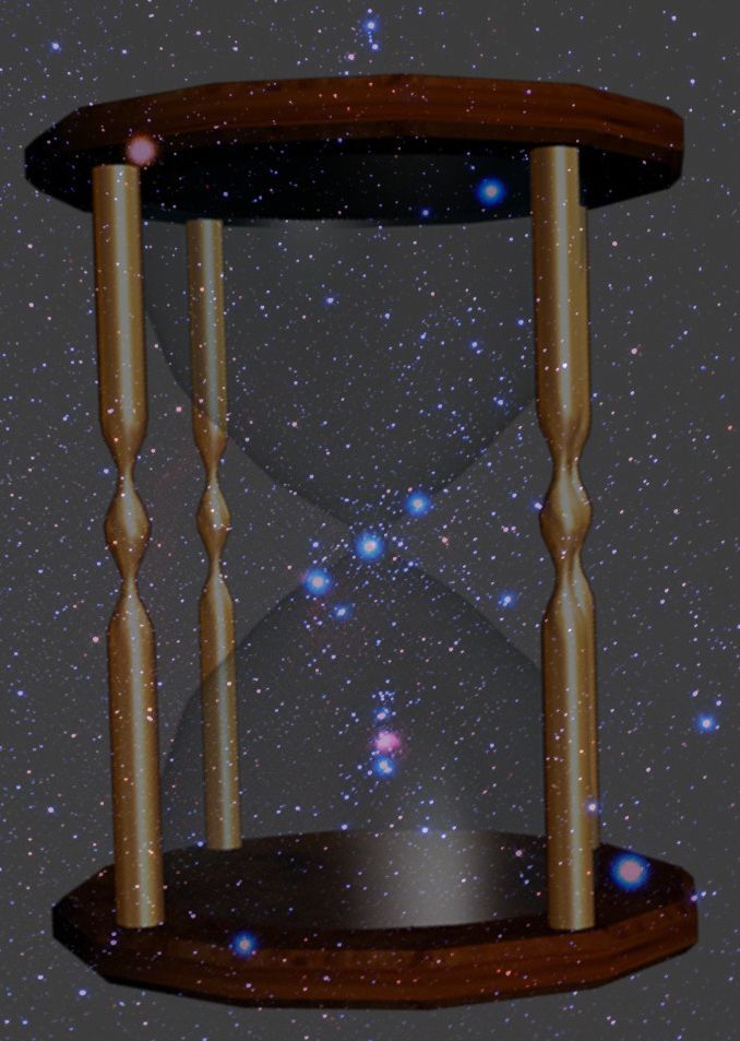 Imagen de un reloj de arena de madera con cuatro columnas y estrellas brillantes en el fondo, simbolizando conceptos de tiempo astron&oacute;mico y la belleza del cosmos.