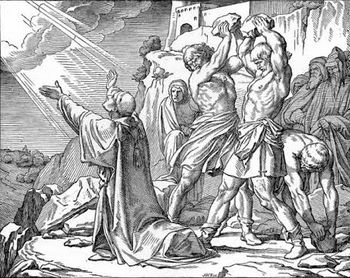 Grabado en blanco y negro que muestra a un grupo de personas cl&aacute;sicas alzando la vista y se&ntilde;alando hacia un fen&oacute;meno celestial luminoso en el cielo, mientras un individuo arrodillado parece invocar o interpretar el evento.