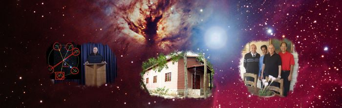 Collage cósmico que incluye una serie de imágenes sobre un fondo estelar rojizo. De izquierda a derecha: representación de constelaciones con líneas y símbolos geométricos en rojo sobre negro, un hombre hablando en un púlpito, una casa rural rodeada por vegetación, una nebulosa brillante y un grupo de cuatro adultos en un jardín. Externer Link zu einer anderen Website der High Sabbath Adventist Society.